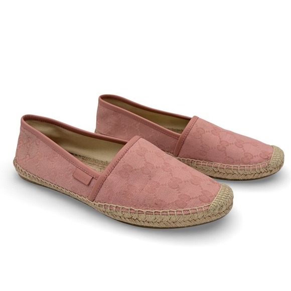 Gucci GG Monogram Canvas Espadrilles 38.5 Pink Logo Slip On Flats Spain Luxury